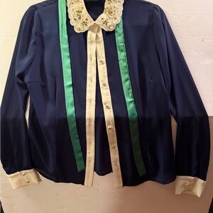 Chic Navy Blouse with Cream and Green Details